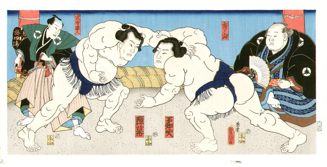 Utagawa Kunisada, Yokozuna Jinmaku and Shiranui in a Sumo Bout, Edo period, Ukiyo-e woodblock print