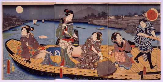 Toyohara Kunichika, Crossing the Sumida River by Night (隅田川夜渉シ之図), 1855, Ukiyo-e woodblock print