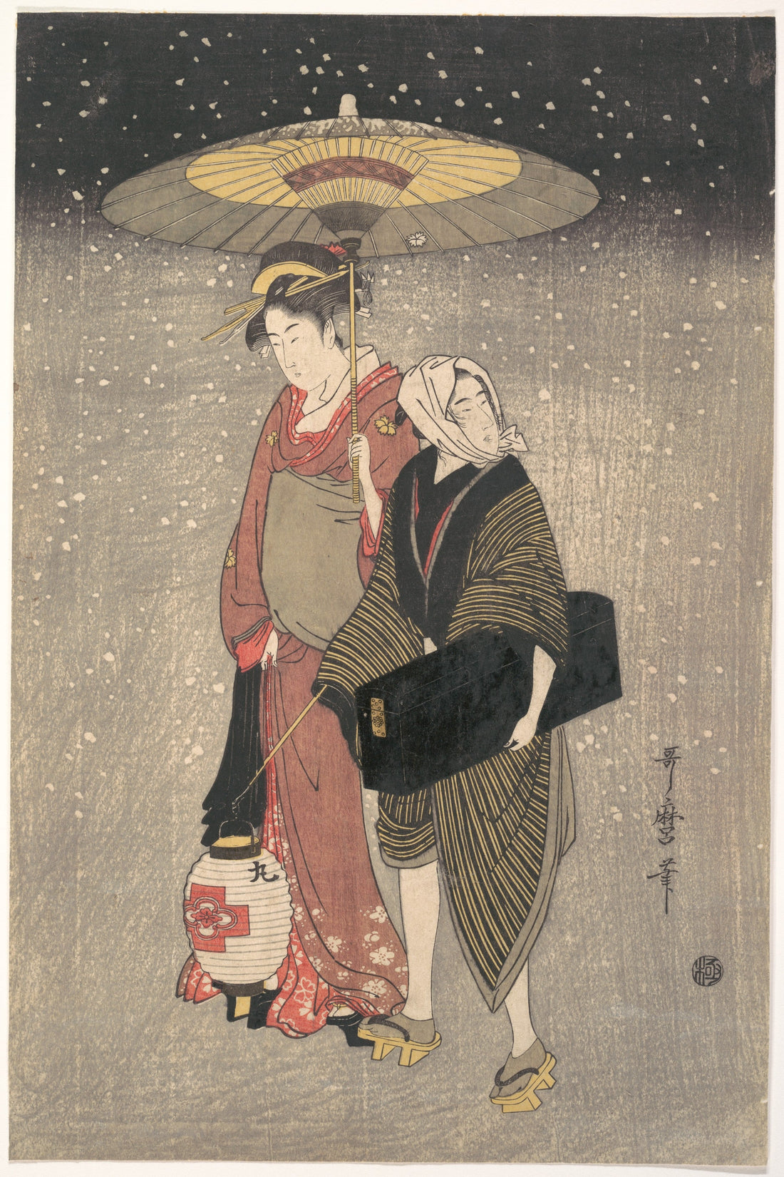 Geisha Walking through the Snow at Night — Kitagawa Utamaro, ca. 1797