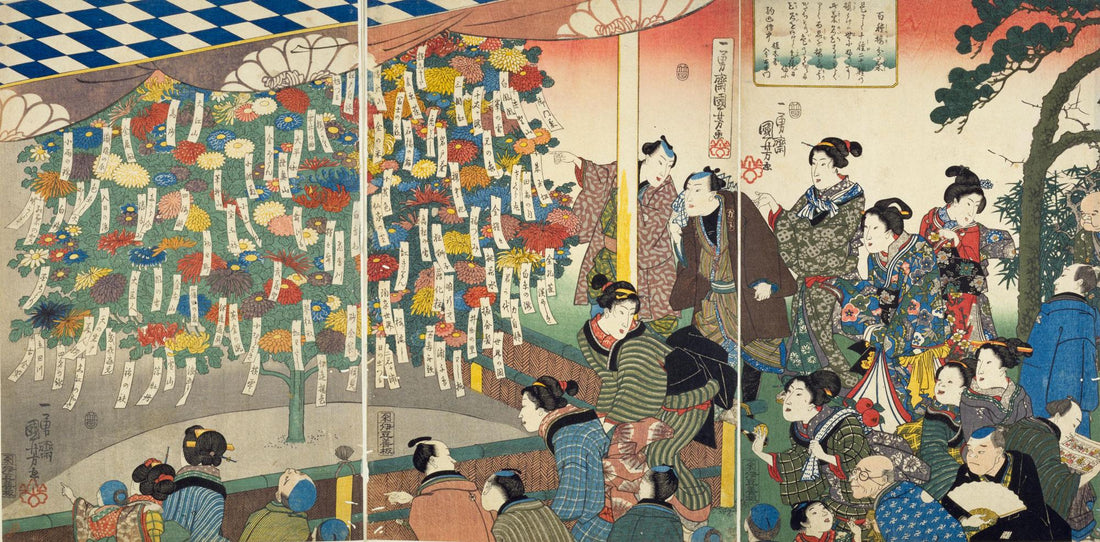 Utagawa Kuniyoshi, Hyakushu Tsugiwake Giku, 1845, Ukiyo-e woodblock print triptych