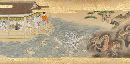 The Great Woven Cap (Taishokkan), a diver facing a dragon amid waves beside a shore pavilion, 17th-century Japanese handscroll painting