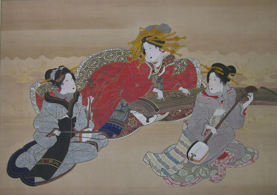 Attributed to Utagawa Kuniyoshi, Three Beauties Playing Musical Instruments, 19th century, Ukiyo-e woodblock print