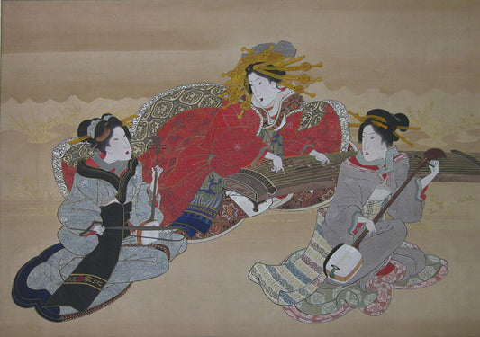 Attributed to Utagawa Kuniyoshi, Three Beauties Playing Musical Instruments, 19th century, Ukiyo-e woodblock print