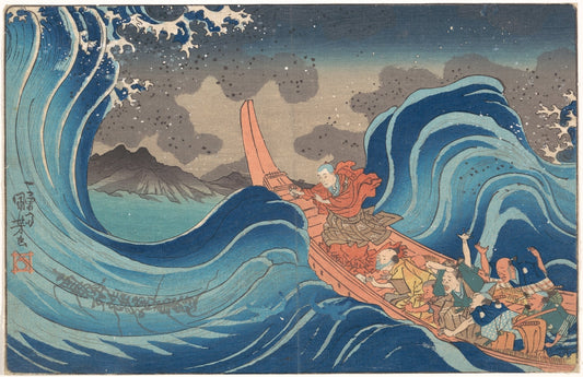 Utagawa Kuniyoshi, Concise Illustrated Biography of Monk Nichiren: Calming the Stormy Sea at Tsunoda in Exile to Sado Island, 1835–36, Ukiyo-e woodblock print