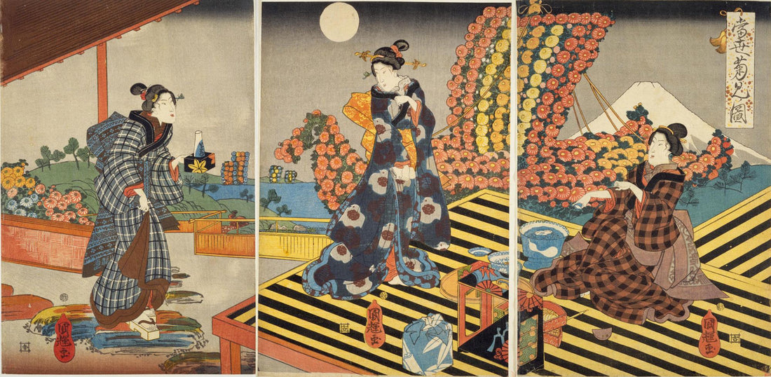 Kuniteru, Tosei Kikumi no Zu, c. 1843-1847, Ukiyo-e woodblock print triptych