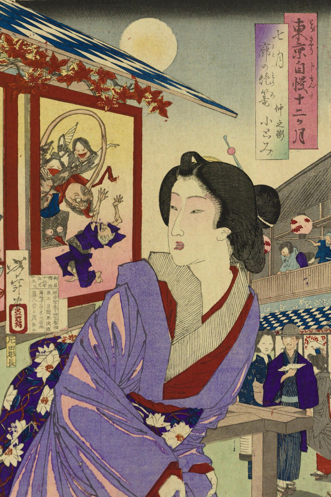 Tsukioka Yoshitoshi, Tokyo Jiman Junikagetsu – Shichigatsu Kuruwa no Toro, Meiji era, Ukiyo-e woodblock print