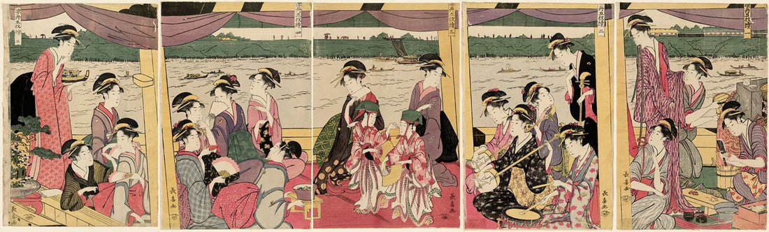Eishosai Choki, Cooling Off on a Pleasure Boat (涼舟五枚續), c. 1789–1801, Ukiyo-e woodblock print