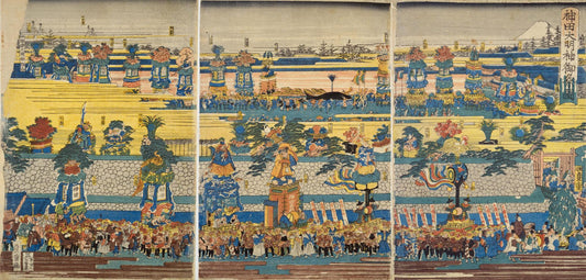 Utagawa Sadashige, Kanda Daimyojin Gosai-zu, c. 1841, Ukiyo-e woodblock print triptych