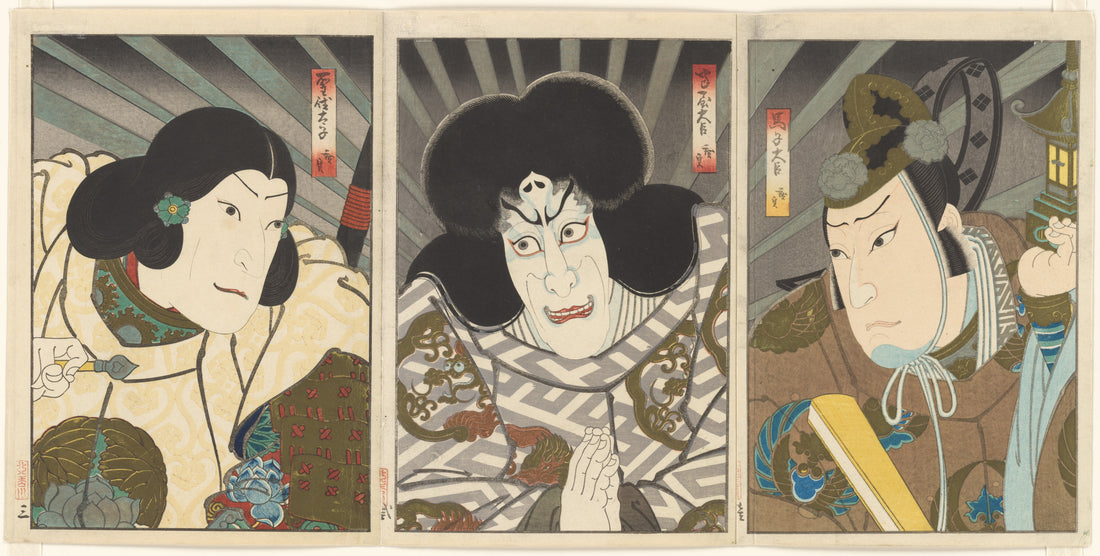 Gosōtei Hirosada, triptych of Jitsukawa Enzaburō as Prince Shōtoku, Ichikawa Ebizō V as Umaya Daijin, and Mimasu Daigorō IV as Umako Daijin, 1849, Ukiyo-e woodblock print