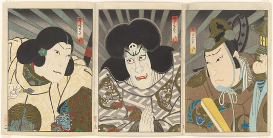 Gosōtei Hirosada, triptych of Jitsukawa Enzaburō as Prince Shōtoku, Ichikawa Ebizō V as Umaya Daijin, and Mimasu Daigorō IV as Umako Daijin, 1849, Ukiyo-e woodblock print