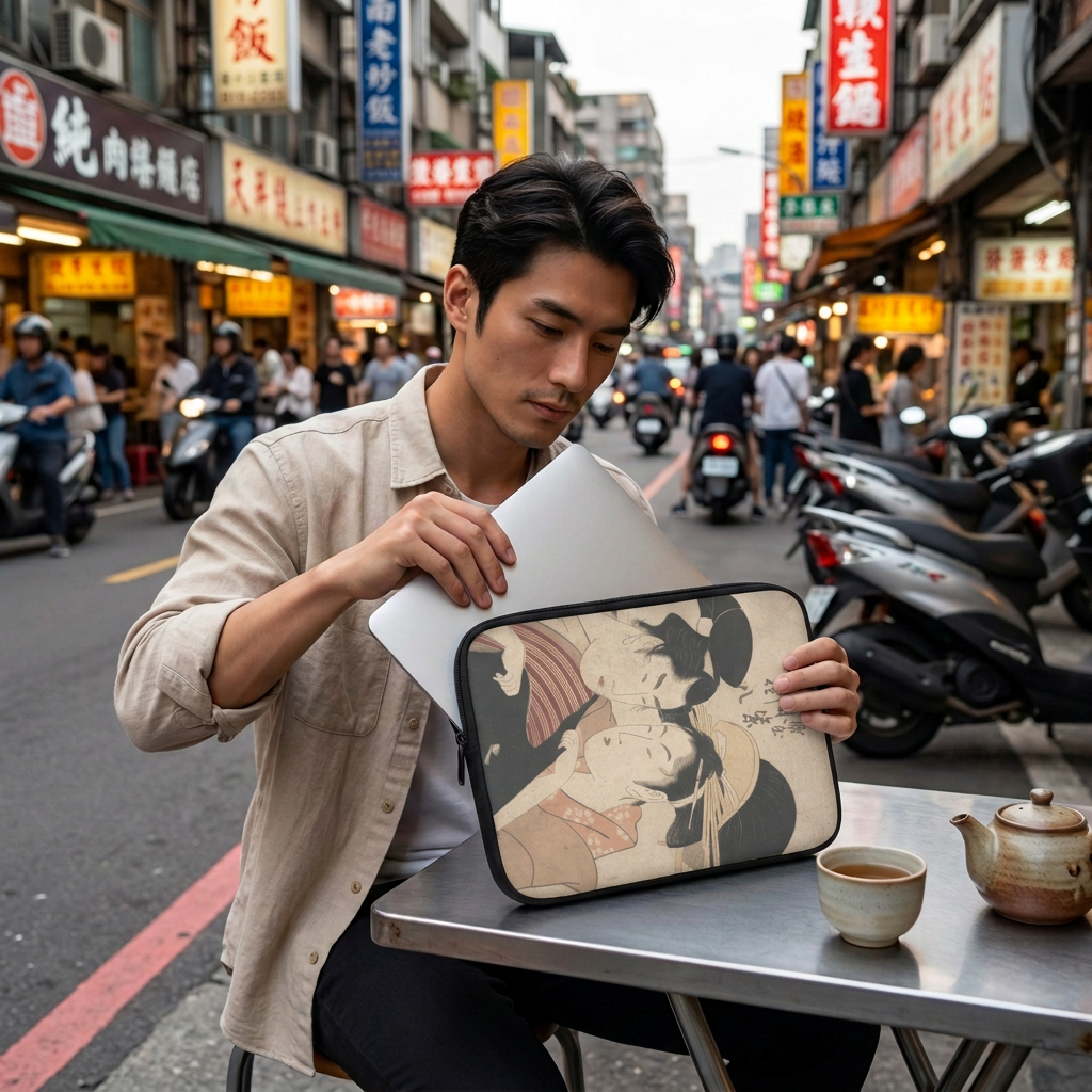 Man at a street-side table in Taipei placing a laptop into a sleeve featuring Kitagawa Utamaro’s The Lovers, Komurasaki and Gonpachi Ukiyo-e woodblock print