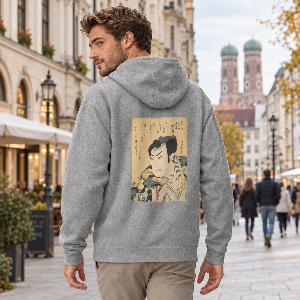 Hokushū’s “Asao Gakujūrō I as Mashiba Hisatsugu” Ukiyo-e woodblock black back-print hoodie