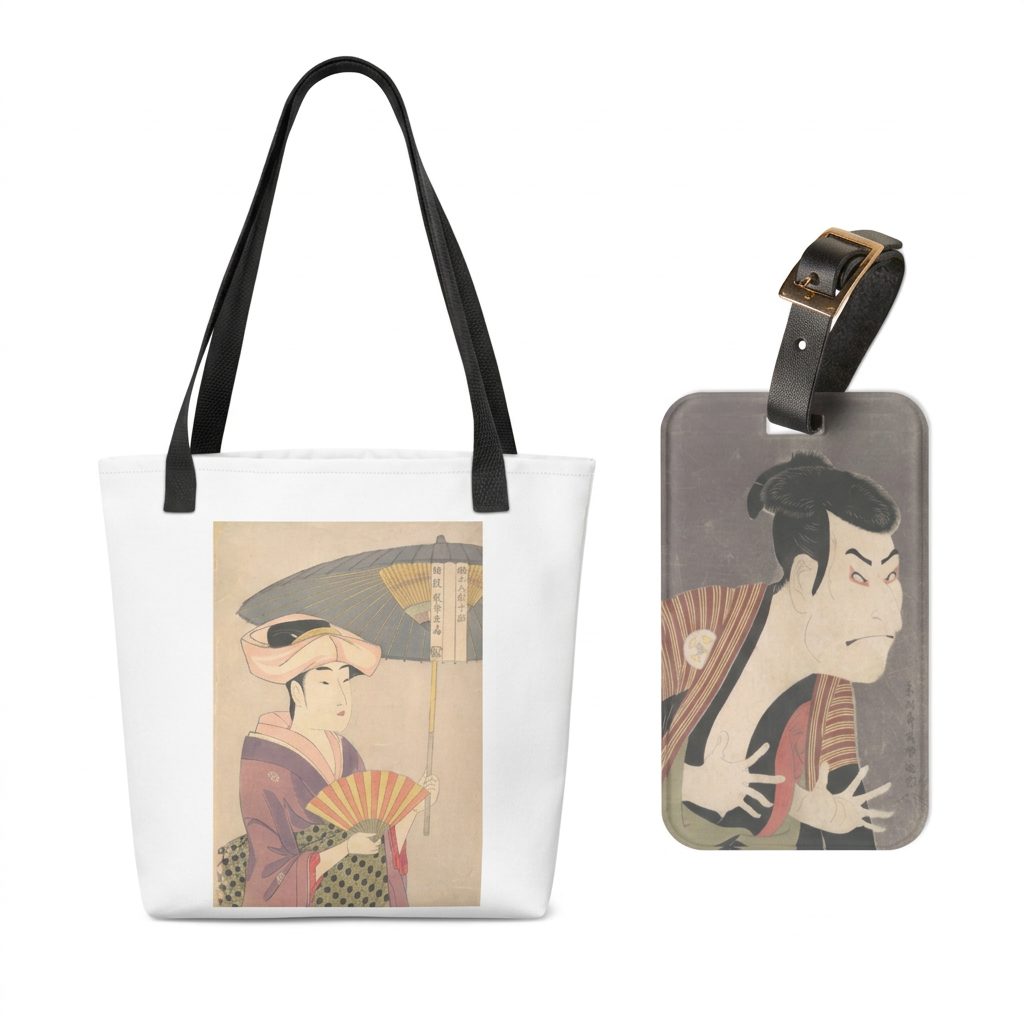 Kitagawa Utamaro tote bag and Toshusai Sharaku luggage tag featuring Ukiyo-e woodblock prints