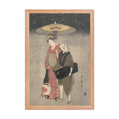 Kitagawa Utamaro, Geisha Walking through the Snow at Night, c. 1797, Ukiyo-e woodblock print; 12 × 18 in Red Oak framed poster, front view