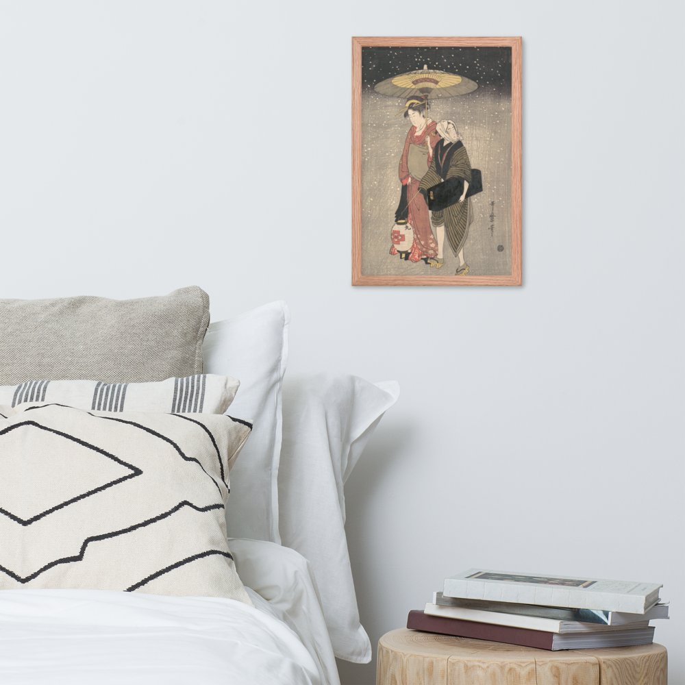 Kitagawa Utamaro, Geisha Walking through the Snow at Night, c. 1797, Ukiyo-e woodblock print; 12 × 18 in Red Oak framed poster