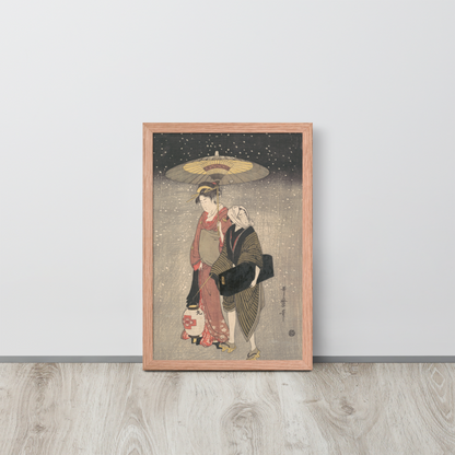 Kitagawa Utamaro, Geisha Walking through the Snow at Night, c. 1797, Ukiyo-e woodblock print; 12 × 18 in Red Oak framed poster