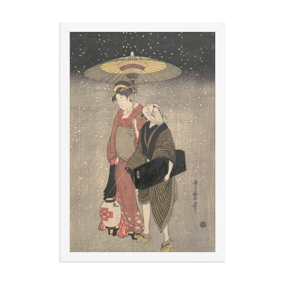 Kitagawa Utamaro, Geisha Walking through the Snow at Night, c. 1797, Ukiyo-e woodblock print; 12 × 18 in White framed poster, front view
