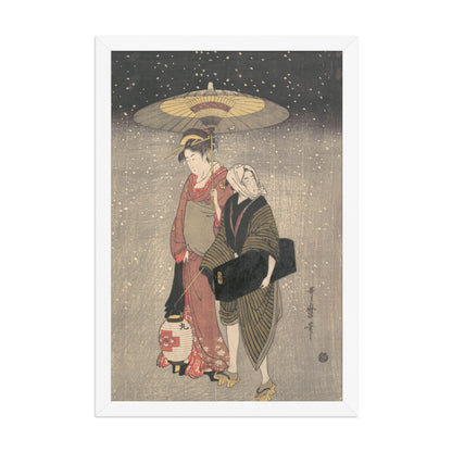 Kitagawa Utamaro, Geisha Walking through the Snow at Night, c. 1797, Ukiyo-e woodblock print; 12 × 18 in White framed poster, front view