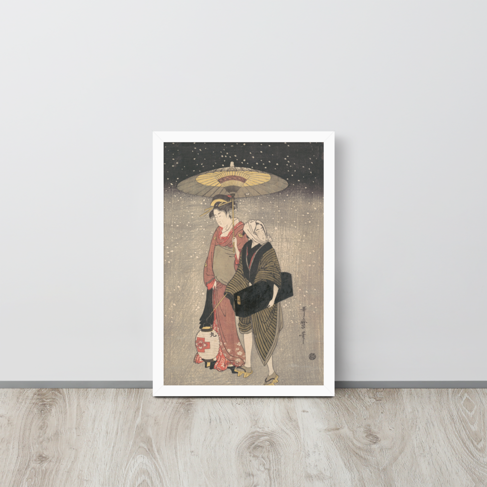 Kitagawa Utamaro, Geisha Walking through the Snow at Night, c. 1797, Ukiyo-e woodblock print; 12 × 18 in White framed poster