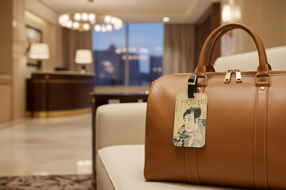 Ukiyo-e luggage tag featuring Hokushū's Kabuki actor portrait on a luxury leather travel bag
